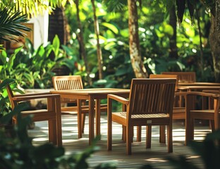Outdoor Wooden Patio Furniture in Lush Tropical Garden
