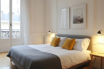 Parisian apartment bedroom, natural light, comfortable bed