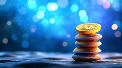 Obraz premium Gold Coins Stacked on Textured Surface with Blue Bokeh Background