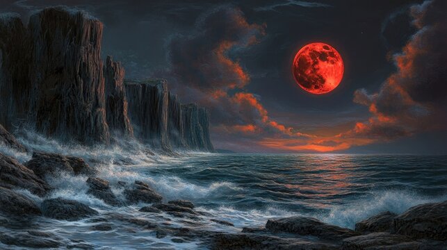 Dramatic red moon over a dark ocean and rocky cliffs in a fantasy landscape