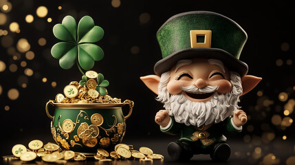 Leprechaun smiles while sitting next to a pot filled with shimmering gold coins and shamrocks against a dark backdrop, creating a festive atmosphere