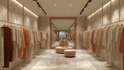 Trendy clothing boutique with a rack of stylish neutral-toned outfits