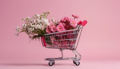 Shopping cart filled with fresh pink flowers on a pink background