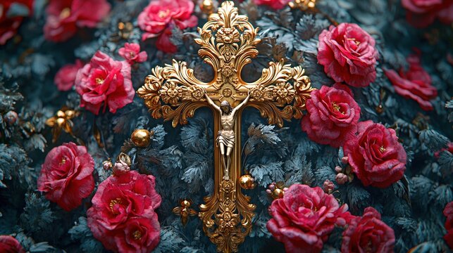 Ornate golden cross amidst vibrant roses during a solemn religious observance
