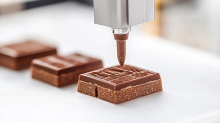 Chocolate manufacturing process showing machine precision in creating detailed designs on chocolate squares in a factory setting.