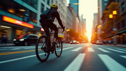 Fototapeta premium A cyclist wearing a yellow helmet rides through a city street at sunset, with cars and buildings in the background.