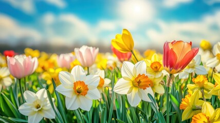 Obraz premium Vibrant flower field filled with blooming tulips and daffodils under a sunny sky in springtime