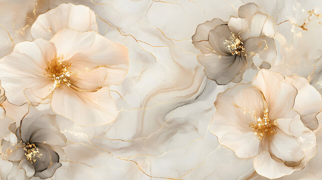 Alcohol ink with thin metallic gold or silver lines on the background and floral designs in muted beige, brown, gray and white. Abstract marble background.