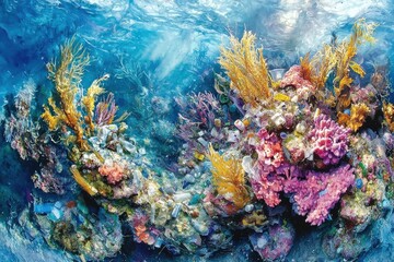 Obraz premium Artistic depiction of a polluted coral reef ecosystem showing plastic waste integrated with colorful coral and marine life in an underwater environment filled with light.