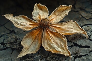 A withered flower on cracked earth, symbolizing drought and the fragility of life, set against a textured and somber, earthy background.