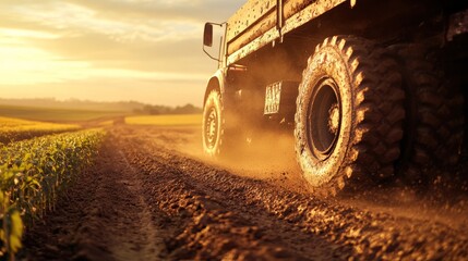 A dirty truck is driving down a dirt road. The sun is setting in the background, casting a warm glow over the scene