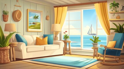 Sunny coastal living room with ocean view.