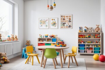 Colorful children classroom, kindergarten with wooden tables and chairs in a well-lit interior