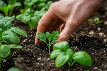 Hand tending to a young green seedling, carefully planting it in rich dark soil, surrounded by thriving sprouts, symbolizing growth, care, and the beauty of new life.