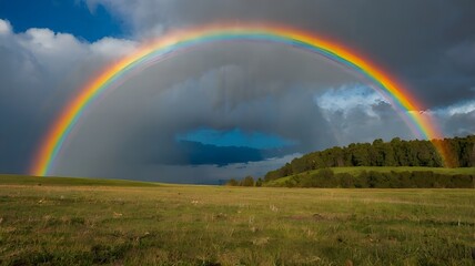 Naklejka premium Majestic Rainbow Over Green Fields and Stormy Sky Nature Landscape