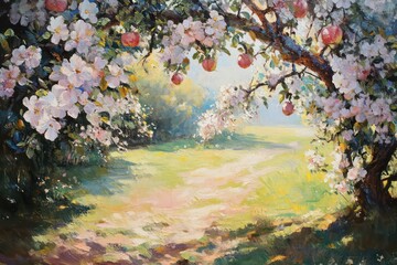 A sunlight-drenched floral landscape, capturing the purity and beauty of spring flowers on an apple tree.