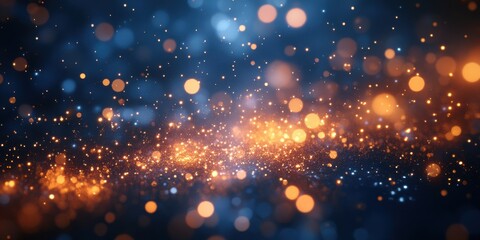 Obraz premium Glimmering Bokeh Background with Colorful Light Particles Creating a Magical Atmosphere in Gradient Blue and Orange Tones for Visual Art and Design Projects