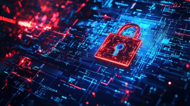 Futuristic graphic art securing digital data in an abstract cybersecurity environment