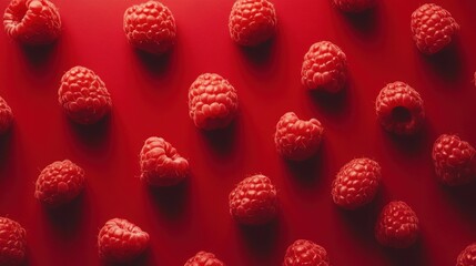 Fototapeta premium A close-up of raspberries on a red background, highlighting their natural details.