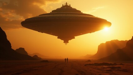 A massive, futuristic spaceship hovers above a desert landscape at sunset, with two small figures walking beneath it.
