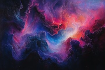 Fototapeta premium Abstract cosmic nebula with vibrant purple, blue, and red hues swirling in a mesmerizing pattern.