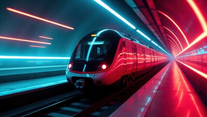 A modern train traveling through a brightly lit tunnel with red and blue neon lights reflecting off the train and tunnel walls.