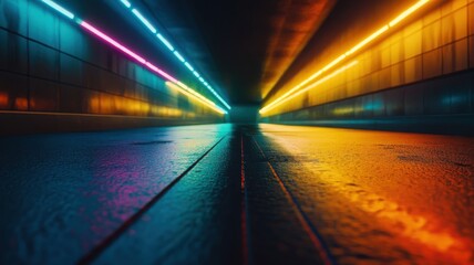 Colorful neon lights illuminate an underground tunnel with reflections on a wet floor during...