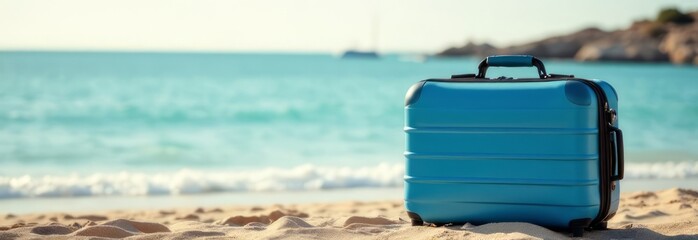 a blue suitcase on the beach against the background of the sea and mountains. travel. beach holidays, tourism.