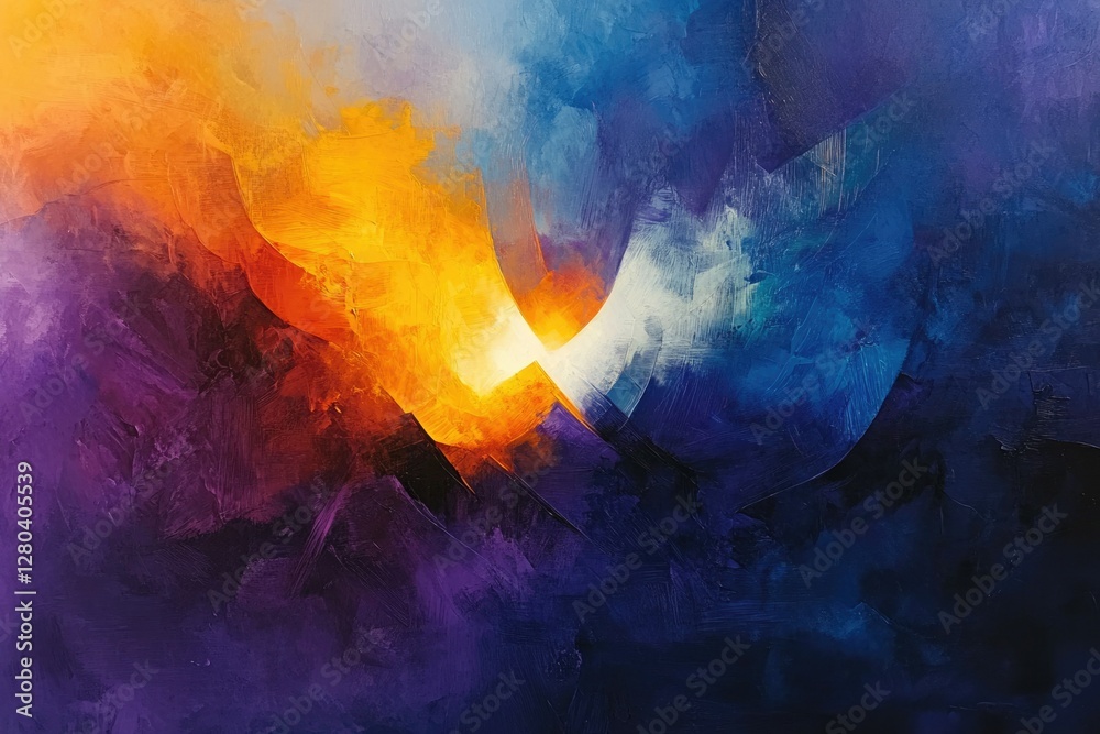 Aufkleber abstract painting depicting a vibrant collision of warm orange and cool blue hues, creating a dynami