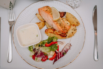 A plated meal featuring grilled salmon with lemon, roasted potatoes, fresh salad, and a side of creamy sauce, served on an elegant white dish..