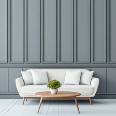Modern Living Room Interior with White Sofa and Gray Paneled Walls