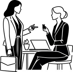 Vector illustration of two business women in a professional discussion, depicted with simple lines and no facial features. Perfect for modern business, collaboration, and corporate-related projects
