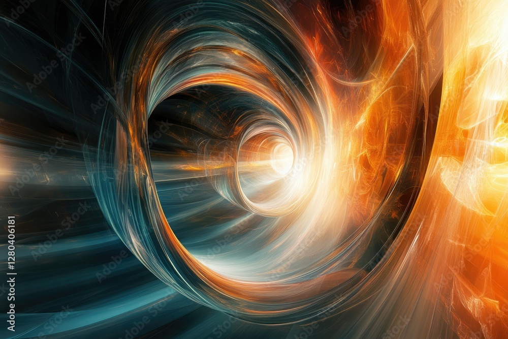 Poster abstract swirling vortex of vibrant teal and fiery orange hues, creating a mesmerizing tunnel effect