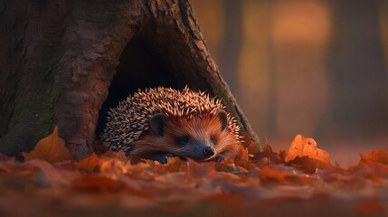 Hedgehog sleeping autumn forest tree hollow