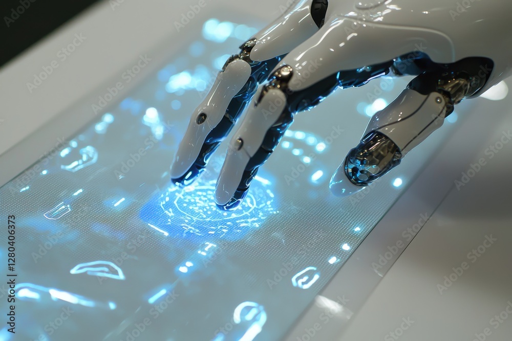 Poster futuristic robot hand interacting with advanced holographic display, showcasing cutting-edge technol