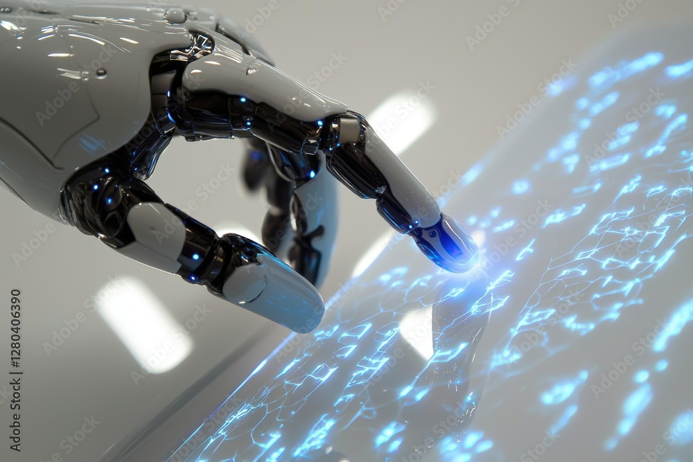 Poster a sleek robot hand interacting with a bright, futuristic interface, demonstrating the power of artif