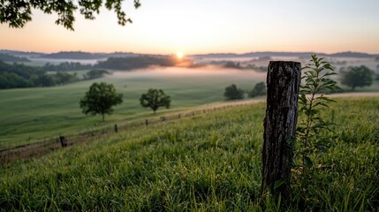Sunrise over misty valley, grassy hill, old post
