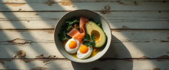 Healthy breakfast bowl with avocado eggs and salmon on a rustic wooden table.