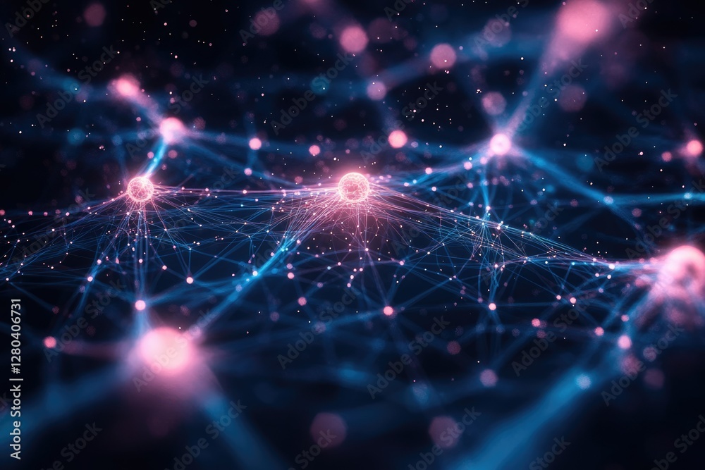Poster Abstract representation of interconnected nodes forming a complex network, signifying neural pathways or data flow.