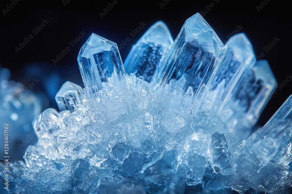 Poster a cluster of stunning, translucent blue crystals, showcasing intricate formations and sharp edges ag