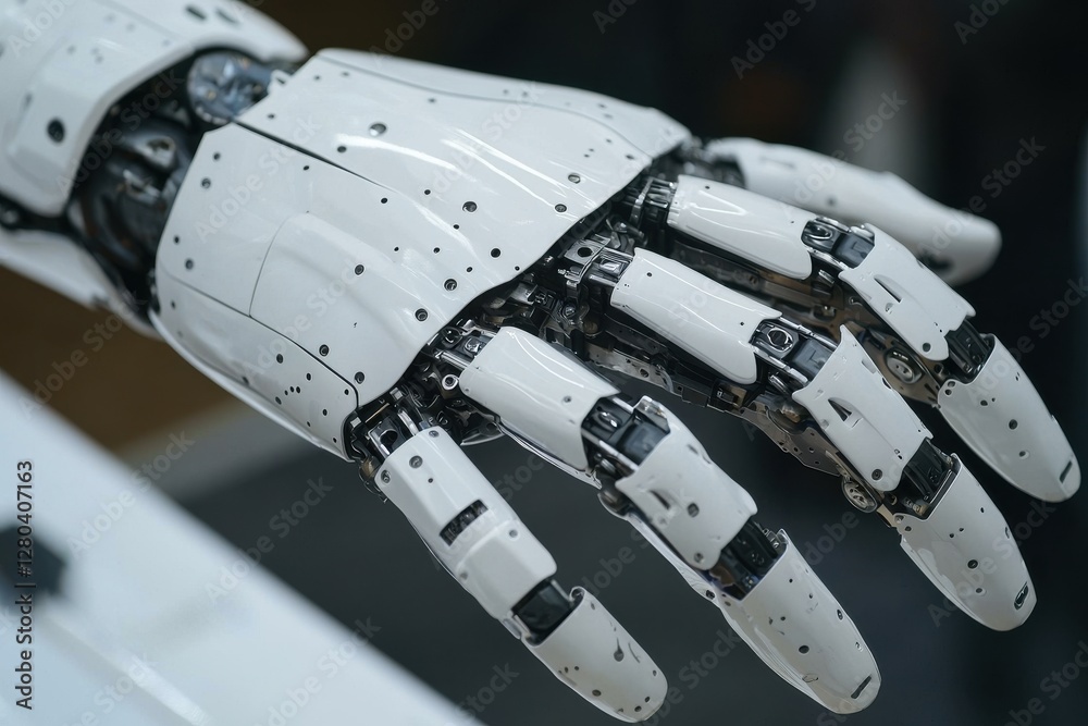 Poster high-tech robotic hand showcasing advanced design and engineering, illustrating the future of automa