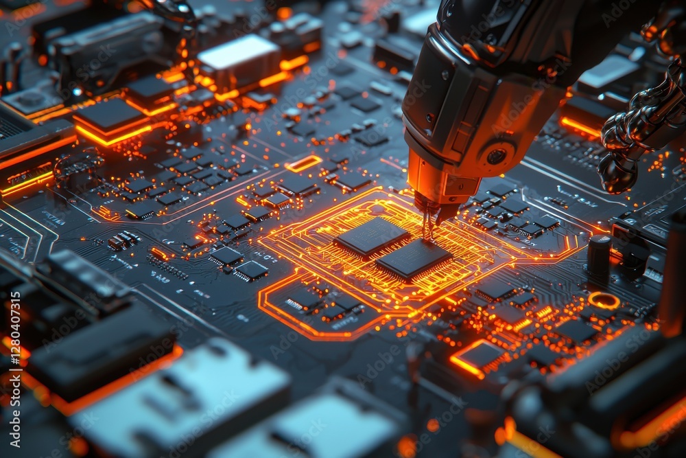 Poster robotic arm meticulously assembling a complex computer circuit board with illuminated pathways, repr