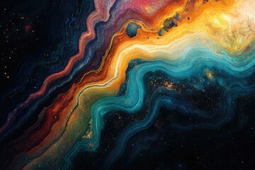 Obraz premium Abstract cosmic artwork depicting swirling nebulae in vibrant hues of blue, orange, and gold, interspersed with glittering stardust.
