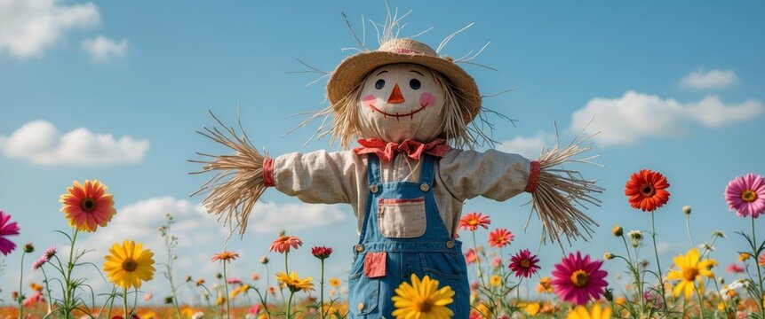 Colorful flower field with cheerful scarecrow under clear blue sky