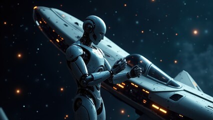 Naklejka premium A humanoid robot stands in front of a futuristic spaceship in a starry space background.
