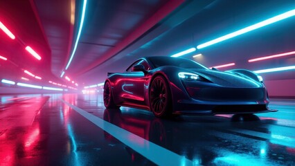Fototapeta premium A sleek, modern sports car is illuminated by vibrant neon lights in a futuristic tunnel, reflecting the colorful lights on the wet floor.