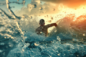 Man Diving Into Ocean. Extreme Water Sport and Summer Adventure