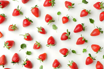 Photo Pattern of Fresh Strawberries and Leaves on White Background