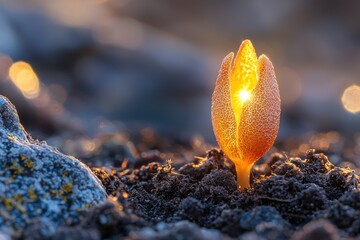 A radiant golden flower bud emerges, bursting with light, from the dark earth, symbolizing hope, new beginnings, and the vibrant energy of life.