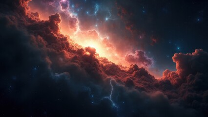 Fototapeta premium A vibrant cosmic scene with glowing clouds and bright stars in a dark sky.